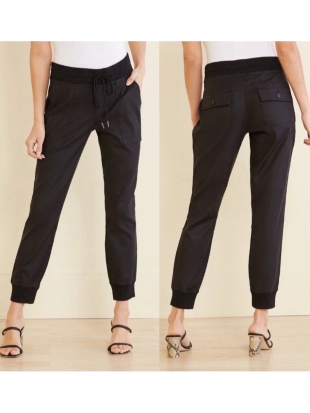 Level 99 Gabrielle Linen & Lyocell Drawstring Pants Cuffed Joggers Black XS EUC